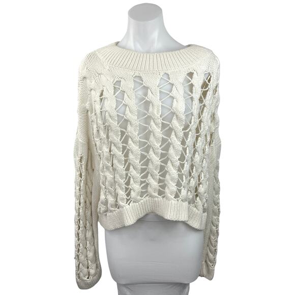Zara Sweaters - Zara White Open Knit Crochet Boat Neck Long Sleeve Pullover Crop Sweater Size M